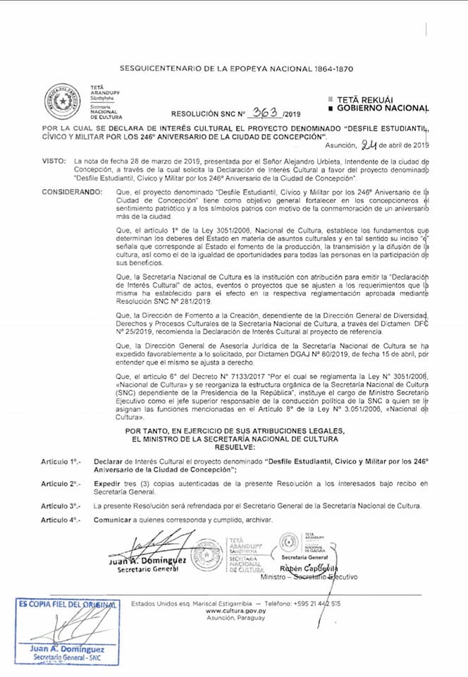 DESFILE DE CONCEPCIÓN SE DECLARA DE INTERÉS CULTURAL.