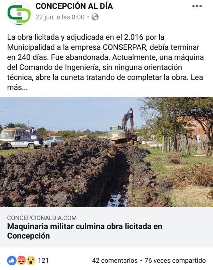 LA MUNICIPALIDAD DE CONCEPCIÓN ACLARA A LA CIUDADANÍA, CON RELACIÓN A LA PUBLICACIÓN DE CONCEPCIÓN AL DÍA DE FECHA22/06/2019 CON EL TÍTULO: “Maquinaria militar culmina obra licitada en Concepción”.