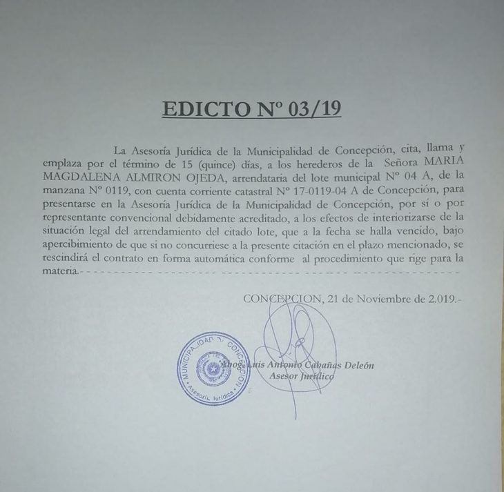 EDICTO N°03/19 DE ASESORÍA JURÍDICA DE LA MUNICIPALIDAD DE CONCEPCIÓN.