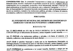 RESOLUCIÓN I.M. Nº 785 /2019- “POR LA QUE SE DECLARA TRES (03) DIAS DE  DUELO DISTRITAL EN EL MUNICIPIO DE CONCEPCIÓN POR EL FALLECIMIENTO DEL DOCENTE Y ARTISTA ALEJANDRO LAVAND AMARILLA”.