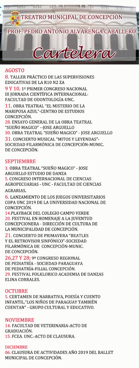 CARTELERA ACTUALIZADA DEL TEATRO MUNICIPAL DE CONCEPCIÓN “DON PEDRO ANTONIO ALVARENGA CABALLERO”